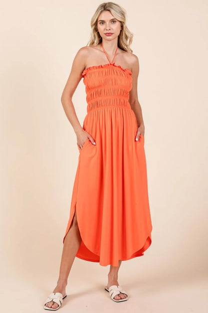 Tie Back Shirring Dress with Pockets - Living Coral - product view 4
