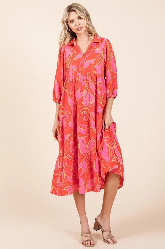 Tiered Printed Collared Neck Midi Dress in Coral - product view 1