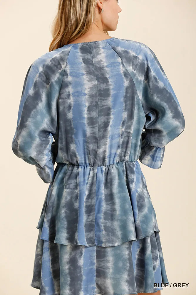 Tie Dye Ruffled Layered Dress with Elastic Waistband - Blue / Grey - product view 3