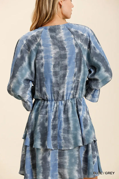 Tie Dye Ruffled Layered Dress with Elastic Waistband - Blue / Grey - product view 3