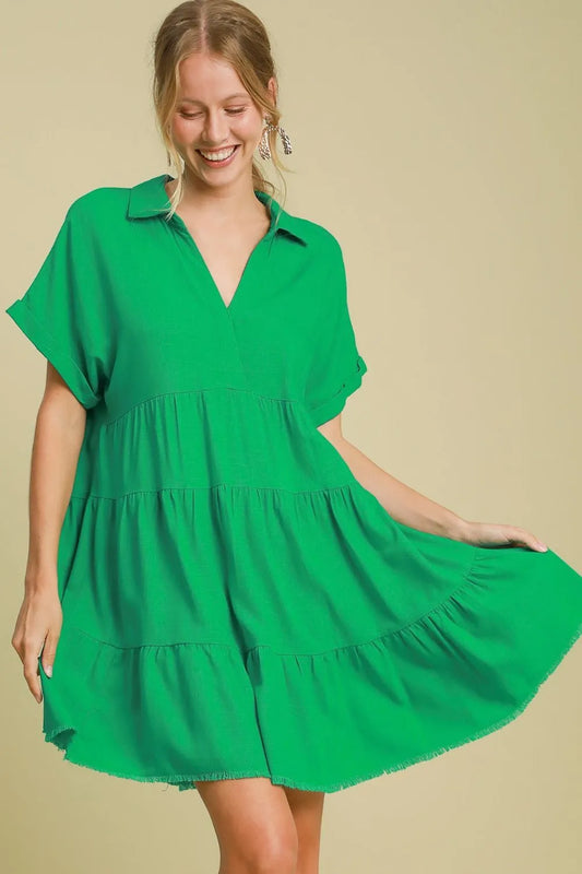 Full Size Raw Hem Folded Sleeve Tiered Dress Plus Size - Green - product view 1