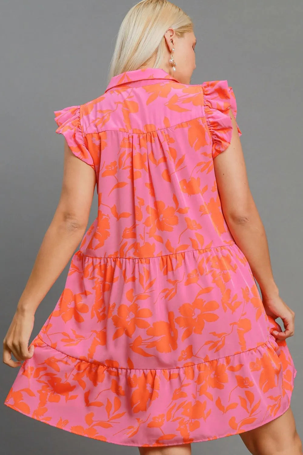 Full Size Floral Print Ruffle Cap Sleeve Tiered Dress Plus Size in Pink/Orange - product view 7