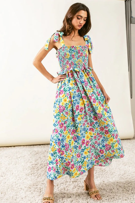 Floral Ruffle Trim Smocked Cami Dress in Mint - product view 1