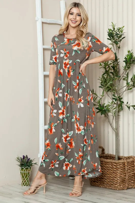 Floral Round Neck Short Sleeve Maxi Tee Dress in Coffee Brown - product view 1