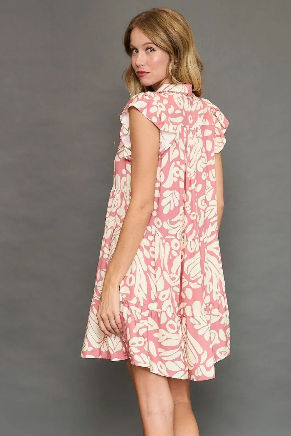 Full Size Two Tone Printed Ruffled Cap Sleeve Mini Dress Plus Size in Blush Pink - product view 3