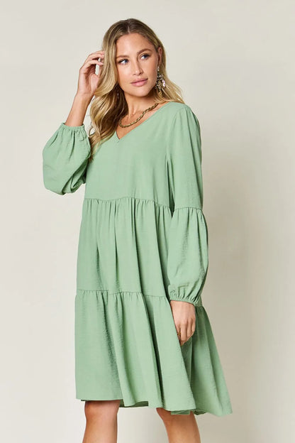 Full Size V-Neck Balloon Sleeve Tiered Dress with Pockets in Light Green, Pink and more - product view 2
