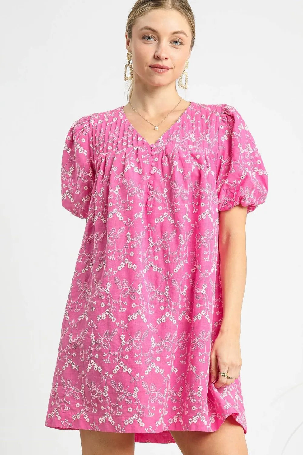 Floral Puff Sleeve V-Neck Mini Dress in Hot Pink - product view 1