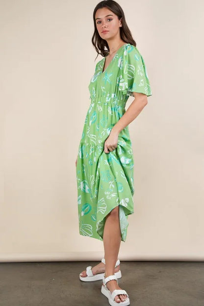 Printed V-Neck Resort Midi Dress in Sage - product view 5