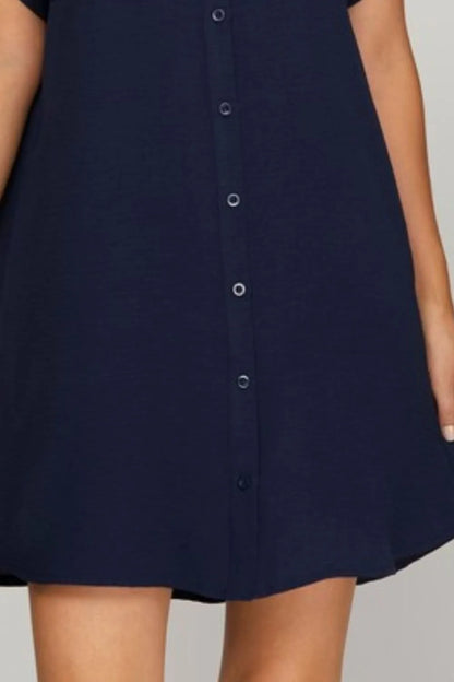 Full Size Button Down Short Sleeve Woven Shirt Dress Plus Size - Dark Navy - product view 2