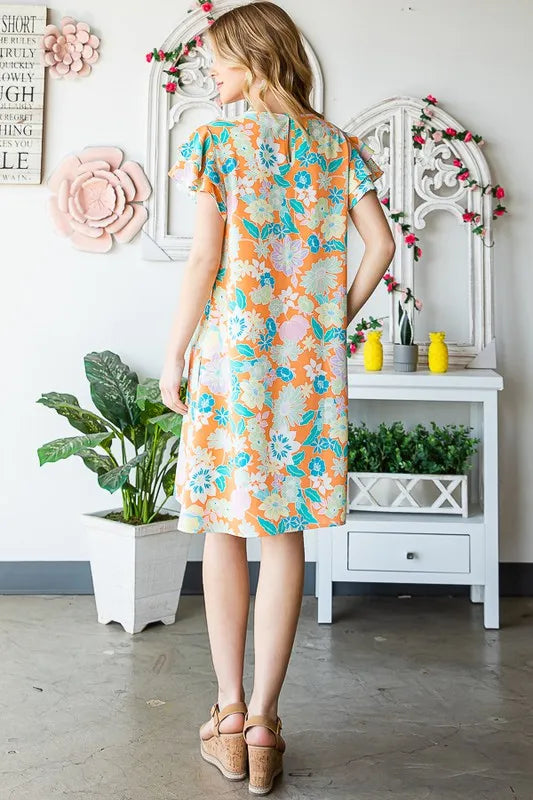 Full Size Ruffled Short Sleeve Floral Mini Dress Plus Size in Orange - product view 2