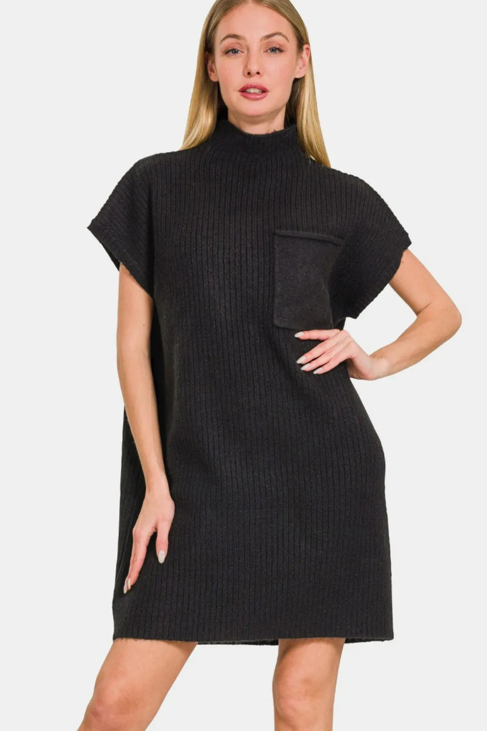 Short Sleeve Sweater Mini Dress - Black - product view 1