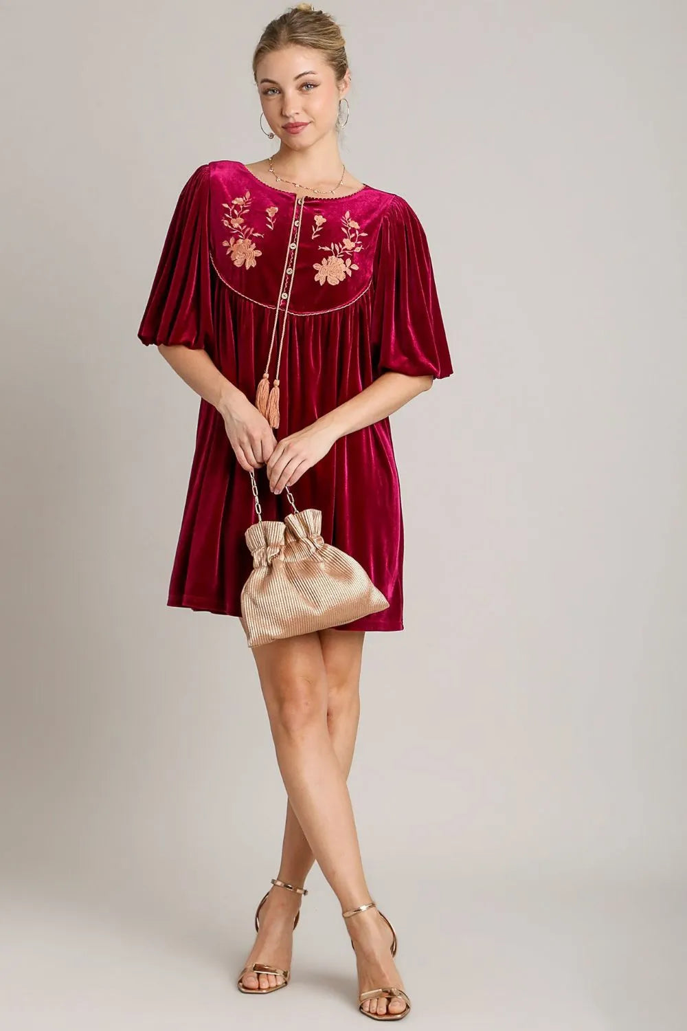 Embroidered Half Sleeve Velvet Mini Dress with Tassel in Burgundy - product view 4