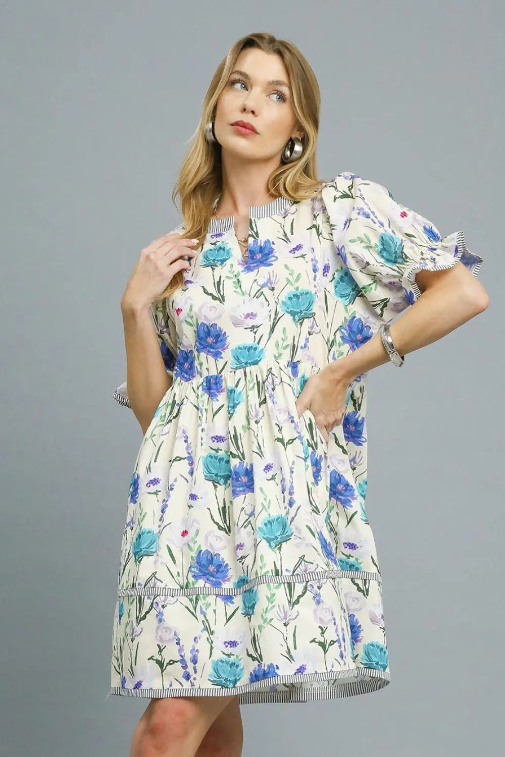 BabyDoll Floral Striped Hem Mini Dress in Pastel Blue - product view 3