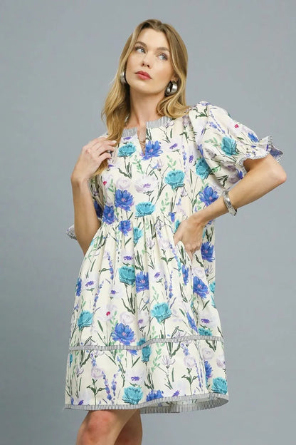 BabyDoll Floral Striped Hem Mini Dress in Pastel Blue - product view 3