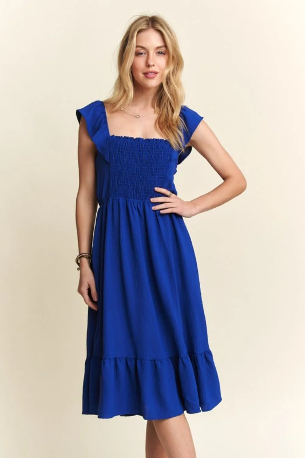 Smocked Square Neck Ruffled Cap Sleeve Dress in Royal Blue - product view 3