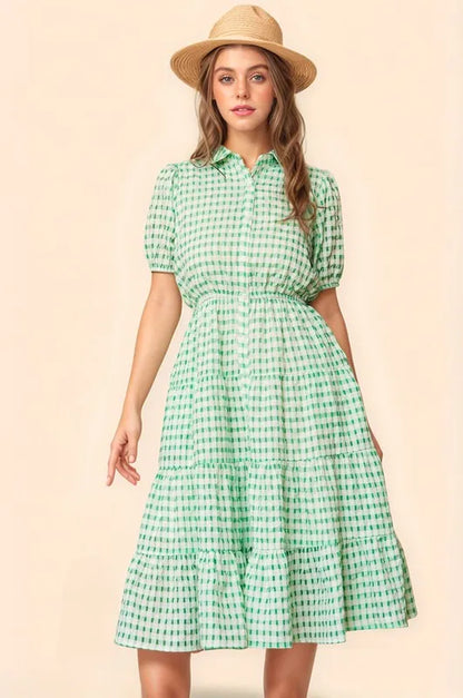 Checkered Puff Sleeve Tiered Shirt Dress in Green - product view 1