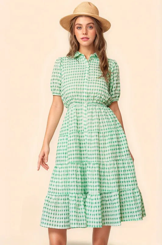 Checkered Puff Sleeve Tiered Shirt Dress in Green - product view 1