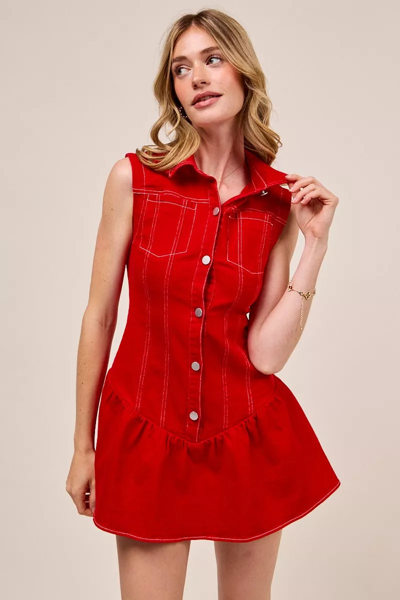 Button Down Sleeveless Collared Game Day Mini Dress - Red - product view 8