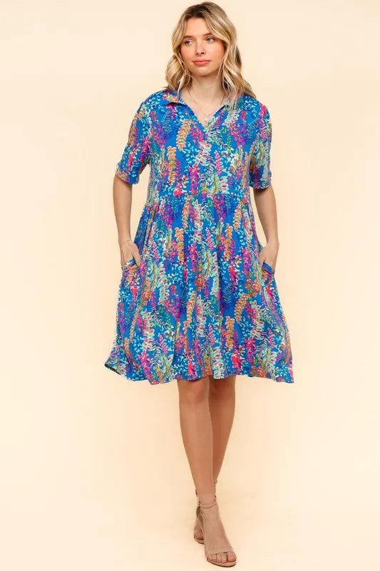 Johnny Collar Babydoll Dress with Side Pockets - Blue - product view 4