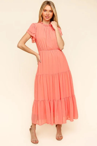Full Size Tiered Frill Mock Neck Short Sleeve Dress in Peach - product view 3