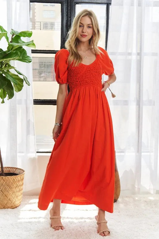 Popcorn Smocked Puff Sleeve Dress in Orange-Red - product view 2
