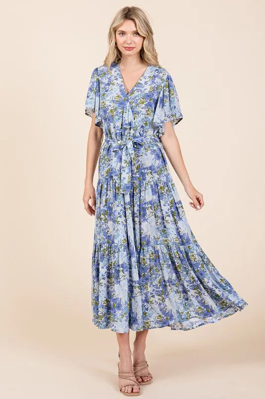 Floral Tie Waist Flutter Sleeve Tiered Dress in Dusty Blue - product view 2