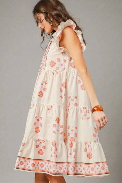 Printed Tie Neck Ruffle Cap Sleeve Dress in Burnt Coral - product view 3