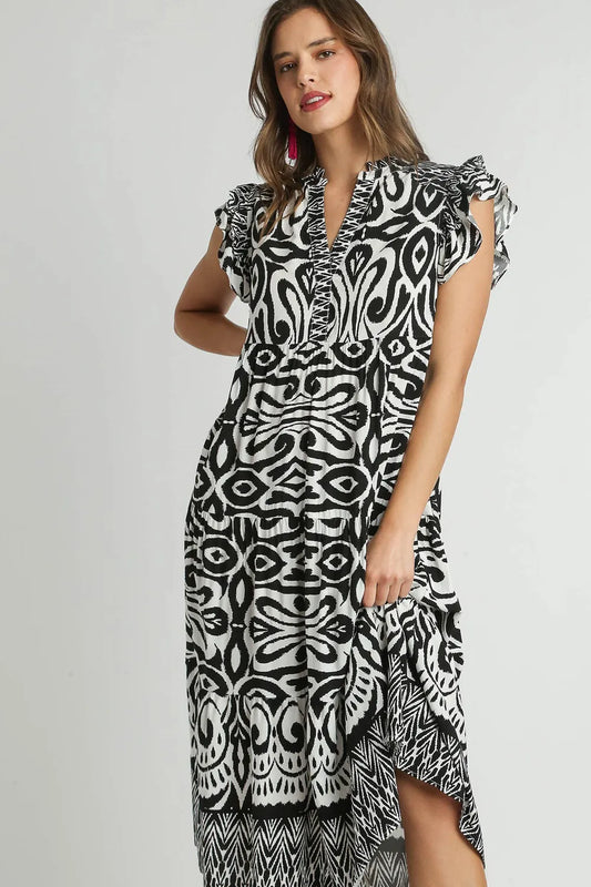 Full Size Two Tone Border Print Ruffle Cap Sleeve Midi Dress Plus Size - Black - product view 1