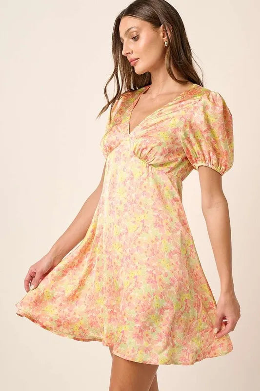 Printed V-Neck Puff Sleeve Mini Dress in Yellow Combo - product view 1
