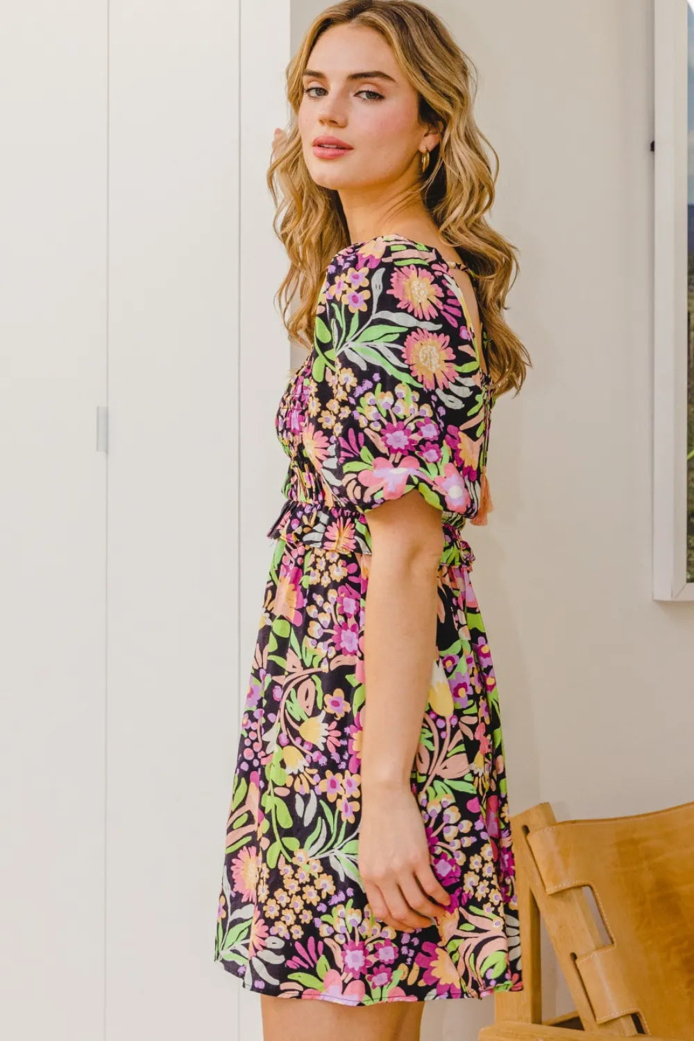 Full Size Floral Tie-Back Mini Dress in Black Multi - product view 4