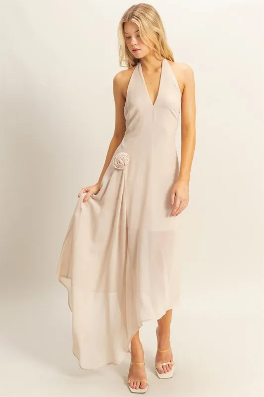 Chiffon Halter Asymmetrical Hem Dress - Champagne - product view 4
