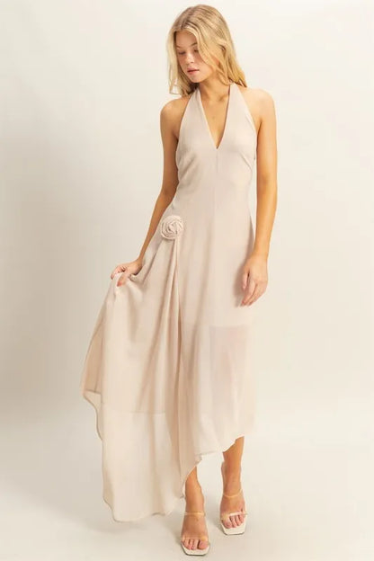 Chiffon Halter Asymmetrical Hem Dress - Champagne - product view 4