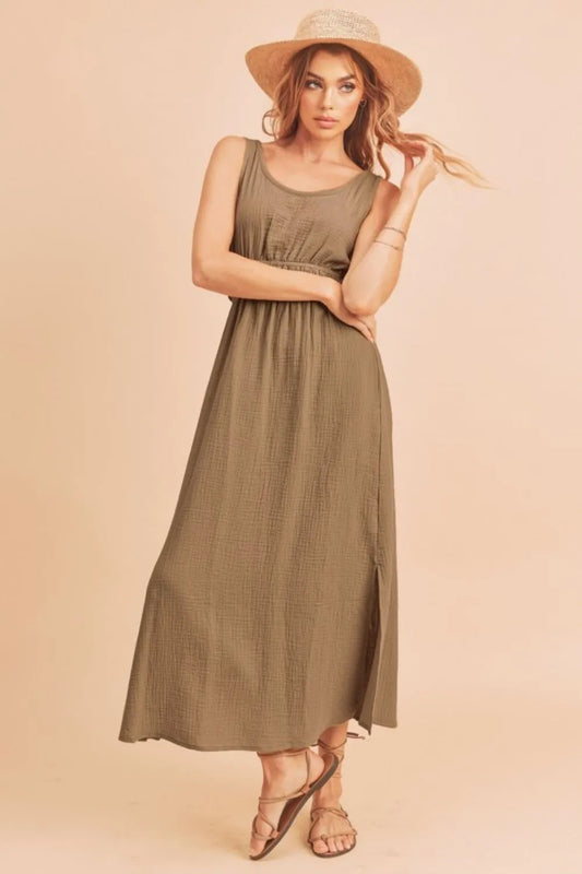 Side Slit Round Neck Sleeveless Tank Dress - Taupe - product view 1