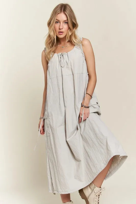 Drawstring Slit Back Cargo Dress - Lt Grey - product view 1