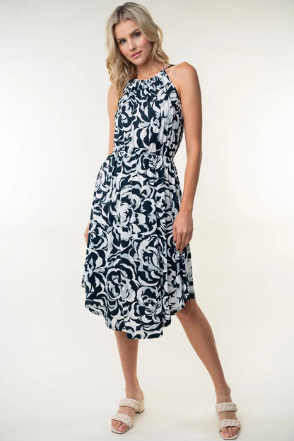 Tied Ruched Floral Sleeveless Knee Length Dress in Black - product view 4