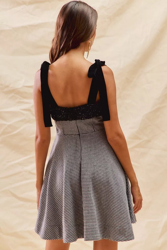 Houndstooth Fit Flare Mini Dress with Shoulder Tie in Black - product view 2