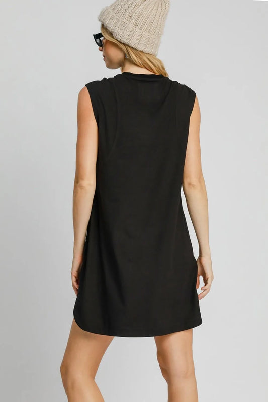Round Neck Sleeveless High-Low Curved Hemline Mini Dress - Black - product view 2