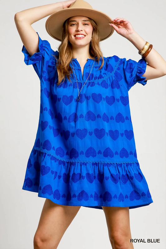 Heart Pattern Short Sleeve Ruffle Babydoll Dress - Royal Blue - product view 1
