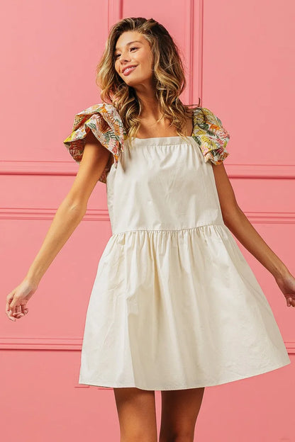 Flower Embroidered Floral Print Sleeve Dress in Oatmeal - product view 7