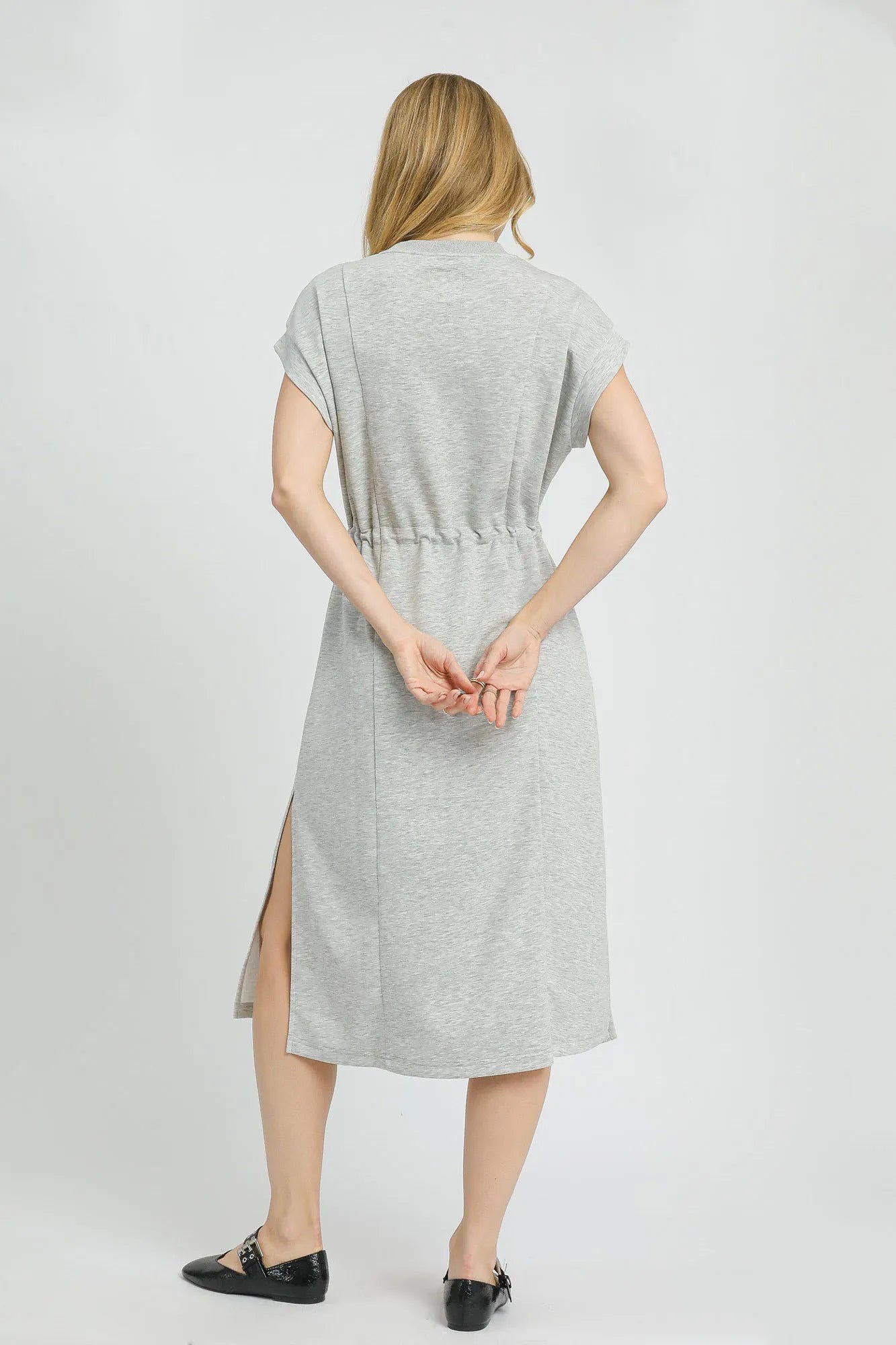 Side Slit Short Sleeve Midi Tee Dress - Light Gray - product view 3