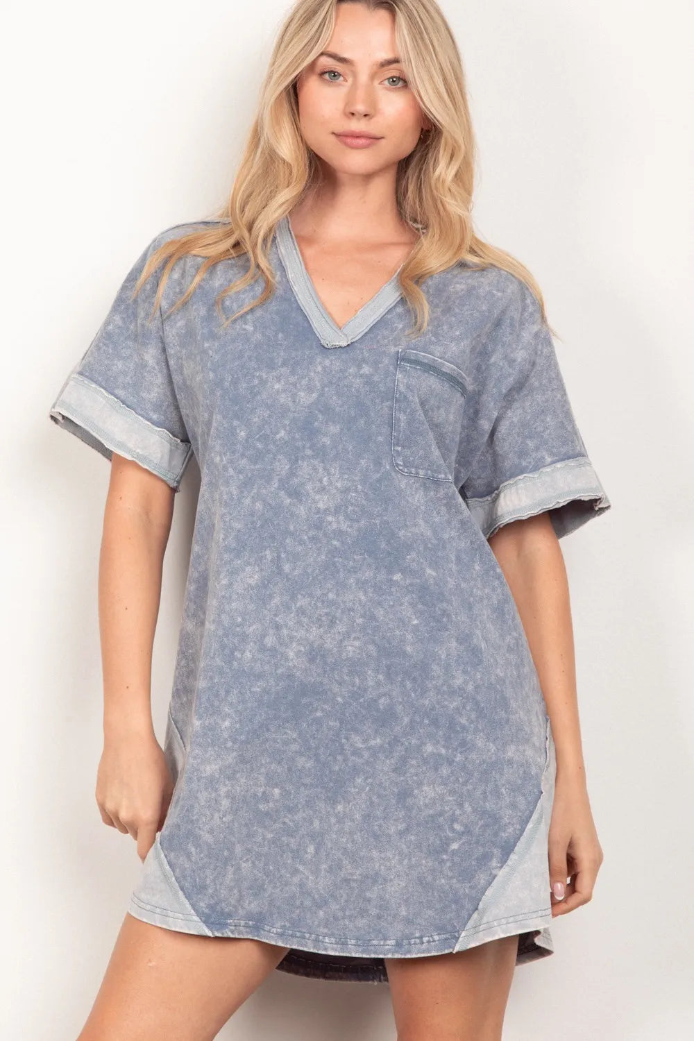 Short Sleeve V-Neck Tee Dress in Denim - product view 1