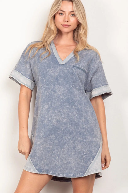 Short Sleeve V-Neck Tee Dress in Denim - product view 1