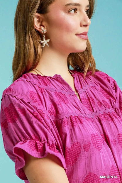 Heart Pattern Short Sleeve Ruffle Babydoll Dress - Magenta - product view 4