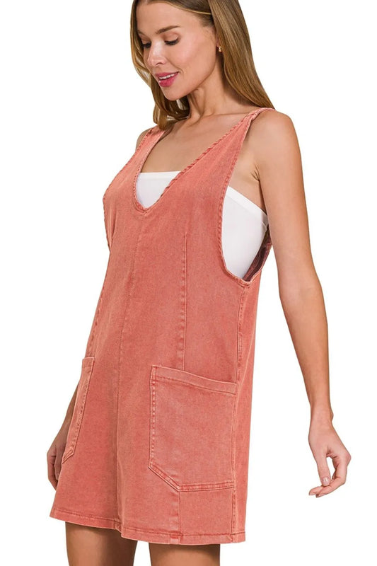 Washed Adjustable Strap Denim Overall Dress - Coral & Cabernet in Coral and Cabernet - product view 1