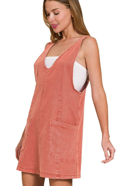 Washed Adjustable Strap Denim Overall Dress - Coral & Cabernet in Coral and Cabernet - product view 4