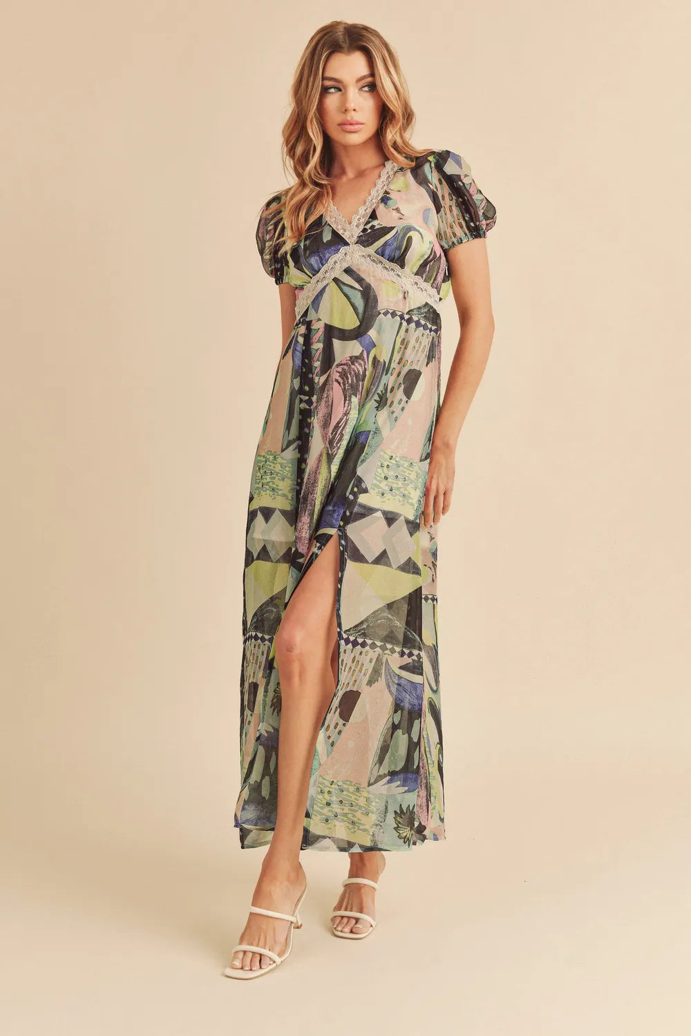 Lace Detail Slit Geometric Print Short Sleeve Maxi Dress in Green - product view 1