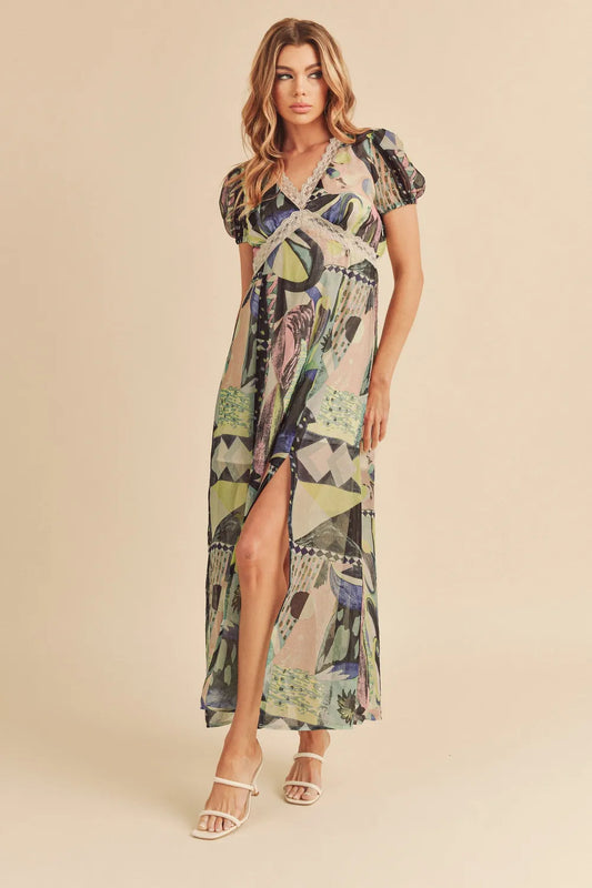 Lace Detail Slit Geometric Print Short Sleeve Maxi Dress in Green - product view 1