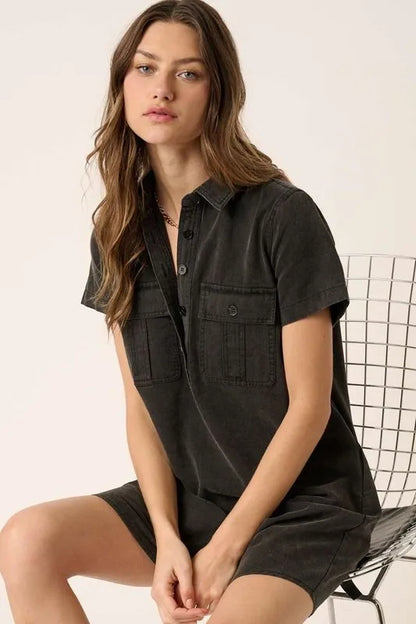 Button Detail Collared Neck Short Sleeve Shirt Dress - Black - product view 1