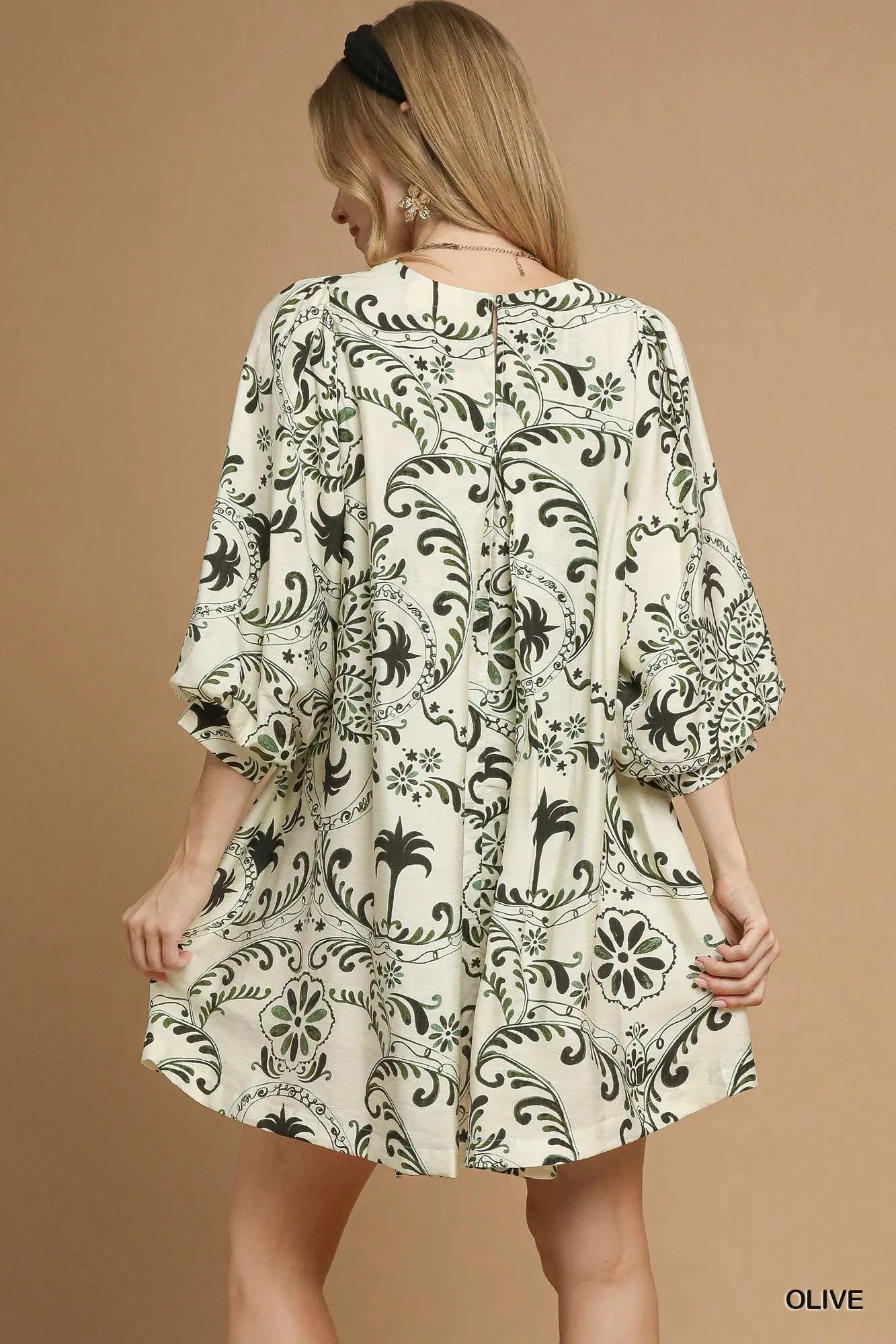 Boho Printed Balloon Sleeve Mini Dress - Olive - product view 3