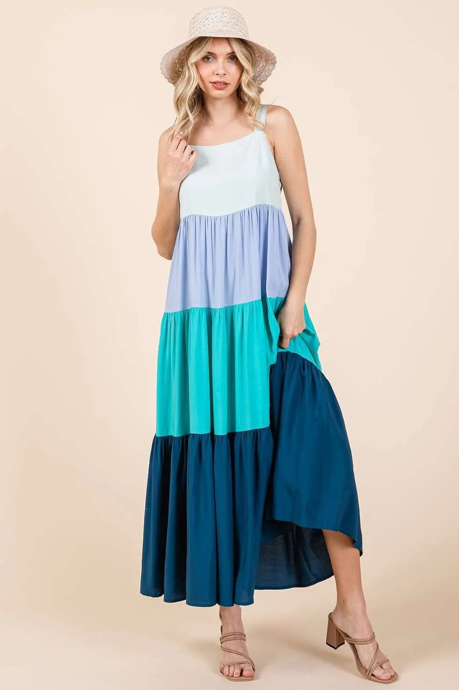 Color Block Tiered Pull-On Maxi Dress - Blue Multi - product view 3